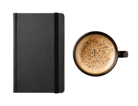 Dark notebook beside coffee cup