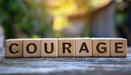 wooden blocks spelling courage on rustic plank with sunlight and blurred greenery background for motivational design or mental health branding

