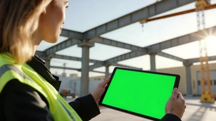 Woman at construction site showing tablet with green screen - Powered by Adobe