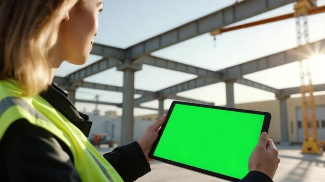Woman at construction site showing tablet with green screen