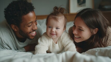 Nestled in Love  Intimate Photograph of a Baby Resting Between Two Adults on a Bed in a Warm, Personal Setting