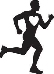 Black Silhouette of Running Man with White Heart on Chest Vector Illustration