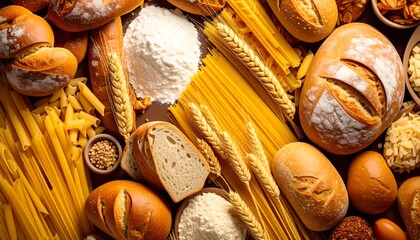 Assortment of freshly baked bread with pasta, and grains  flour on a wood surface.