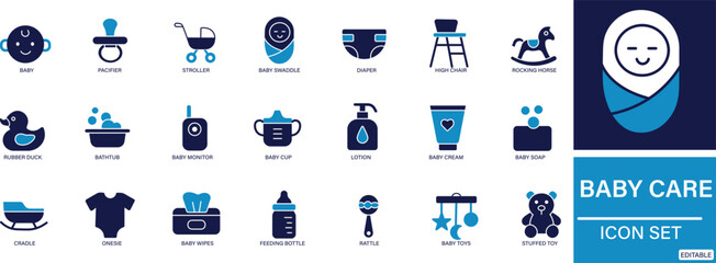 Flat Baby Care Icons 21 Vector Set for Newborn, Feeding, Diaper, Hygiene