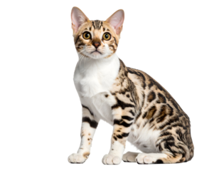 A beautiful Bengal cat with striking spotted fur sits attentively, gazing forward with curious golden eyes.