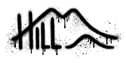 Mountain graffiti with black spray paint. Grunge hill peaks. Distressed brush strokes. Mountain landscape.