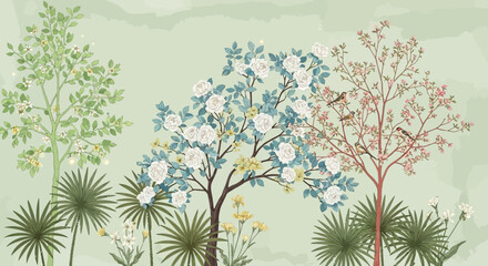 Serene Garden Illustration Pastel Blossoms and Birds