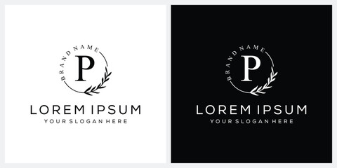 Initial letter P cosmetics fashion logo design, serif font graphic icon, leaves nature symbol concept
