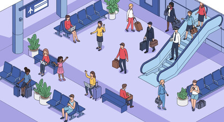 Airport Departure Lounge Diverse Travelers Waiting for Flights