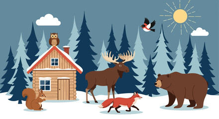Naklejka premium Charming Winter Wonderland Illustration Cabin, Moose, Bear, and Forest Animals