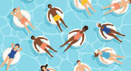 Summer Fun Diverse Group Relaxing on Inflatable Rings in a Pool