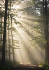 Fototapeta premium 神秘的な森の光線 朝の霧が幻想的