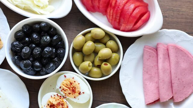 Turkish style breakfast: eggs, chechil cheese, white cheese, kashar cheese and Turkish tea	