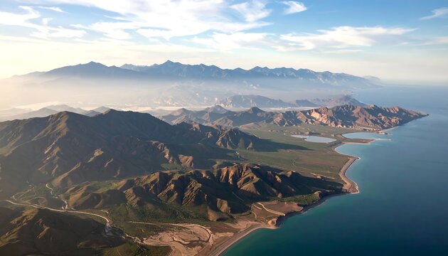 Aerial view of rugged coastline and mountains
