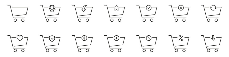 Shopping Cart Icon Set. E-Commerce, Online Shopping, And Retail Symbol Collection. Includes Settings, Discounts, Favorites. Editable Stroke. Isolated Vector Illustration