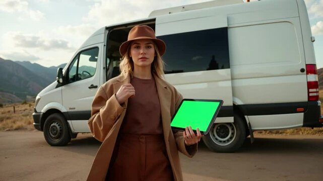 Woman in front of van holding digital tablet with green screen