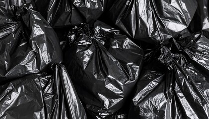 Black Trash Bags Cluttered pile of waste and garbage ready for disposal.