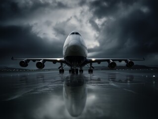Avión comercial en pista bajo cielo tormentoso, Aeronave jumbo jet lista para despegar en clima lluvioso, Imagen dramática de avión de pasajeros en aeropuerto, Fotografía frontal de avión grande