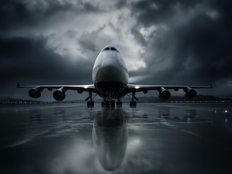 Avión comercial en pista bajo cielo tormentoso, Aeronave jumbo jet lista para despegar en clima lluvioso, Imagen dramática de avión de pasajeros en aeropuerto, Fotografía frontal de avión grande