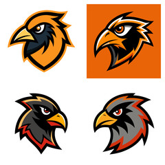 Fototapeta premium Illustrations of four stylized bird heads with varying color schemes and aggressive expressions seen