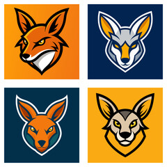 Obraz premium Four square animal mascot logos featuring fox, coyote, and kangaroo head designs in vibrant colors