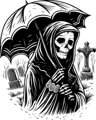 SVG of a female grim reaper with a haunting skull design. Vintage Grim Reaper With Umbrella in Cemetery Black and White Art