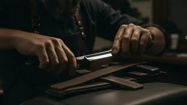 Barber sharpening straight razor.