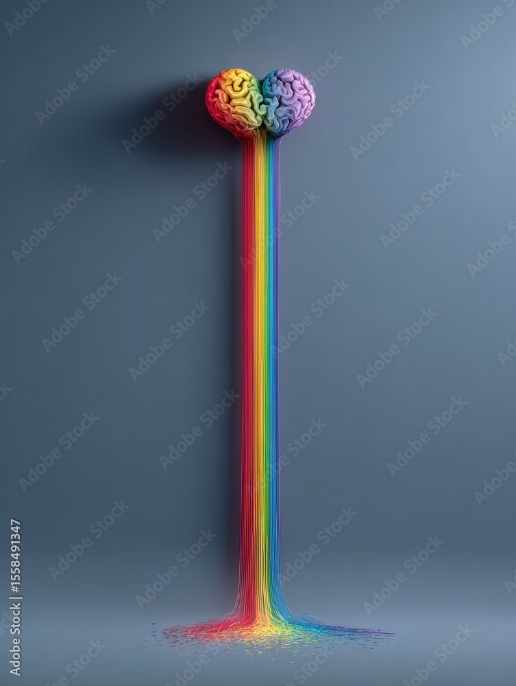 Poster creative expression flows from brain to heart through a vibrant rainbow in a celebration of neurodiv