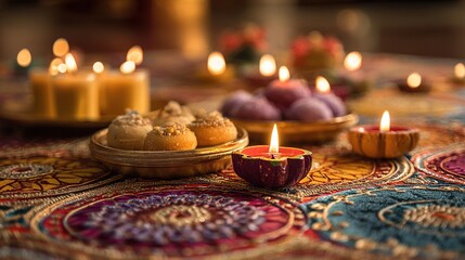 A table decorated with glowing diyas and traditional sweets, blurred background of intricate rangoli patterns, soft ambient light, creating a warm and inviting Diwali atmosphere, colorful and vibrant,