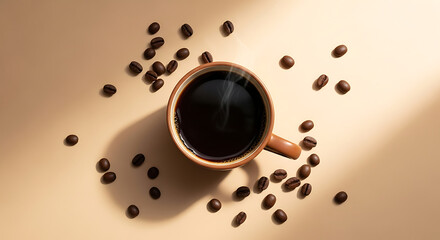 Obraz premium Warm Morning Coffee Steaming Cup with Coffee Beans and Sunlight