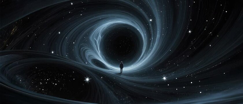 Man standing before the black hole, exploring the abyss of the universe and contemplating space travel and the cosmic unknown.  