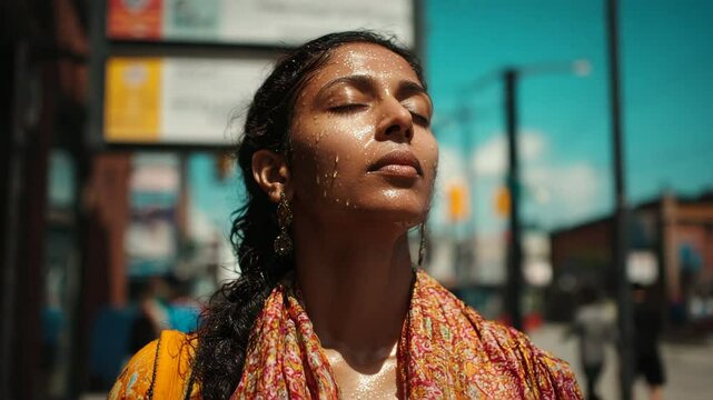 Woman sweating on a street from hot summer heat