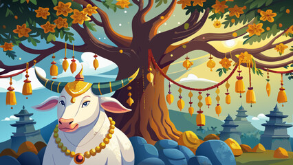 Naklejka premium The Bodhi Tree spreads its branches wide under morning mist, leaves rustling softly, golden ornaments hanging from limbs. Nearby, a white sacred cow stands adorned with floral garlands, eyes calm, sym