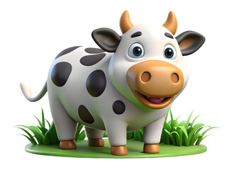 D Cartoon Cow Character with Black Spots, Standing on Green Grass, Cute Farm Animal Isolated