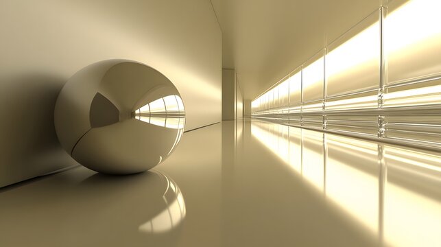 Metallic Sphere in Modern Minimalist Corridor - Powered by Adobe