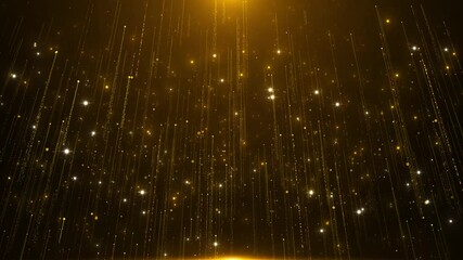 Golden glitter tail particle falling new year Award party stage Christmas festival, award, celebration in air. Merry Christmas Happy New Year. Particles event awards trailer titles cinematic stage 3D - Powered by Adobe