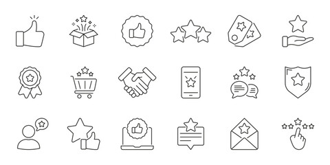 Customer Satisfaction And Feedback Line Icon Set. Quality Assurance, Rating, And Review Outline Symbol Collection. E-Commerce And Service Evaluation. Editable Stroke. Isolated Vector Illustration