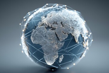 Fototapeta premium A glowing blue globe with connected network lines on white, representing global communication