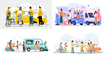 Flat vector scenes of food trucks and street vendors serving customers. Great for culinary content, food festivals, urban lifestyle, and street food promotions.

