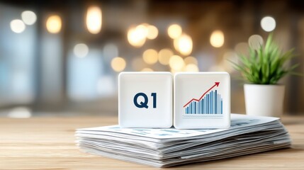 A neatly organized desk with a stack of reports labeled Q1 Financials indicating thorough financial analysis and quarterly business performance reviews. Meticulous financial review