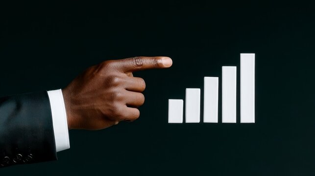 Analyzing business data visualizations with hand pointing towards performance charts and graphs on a digital screen for financial analysis. Interpreting financial metrics via screen display
