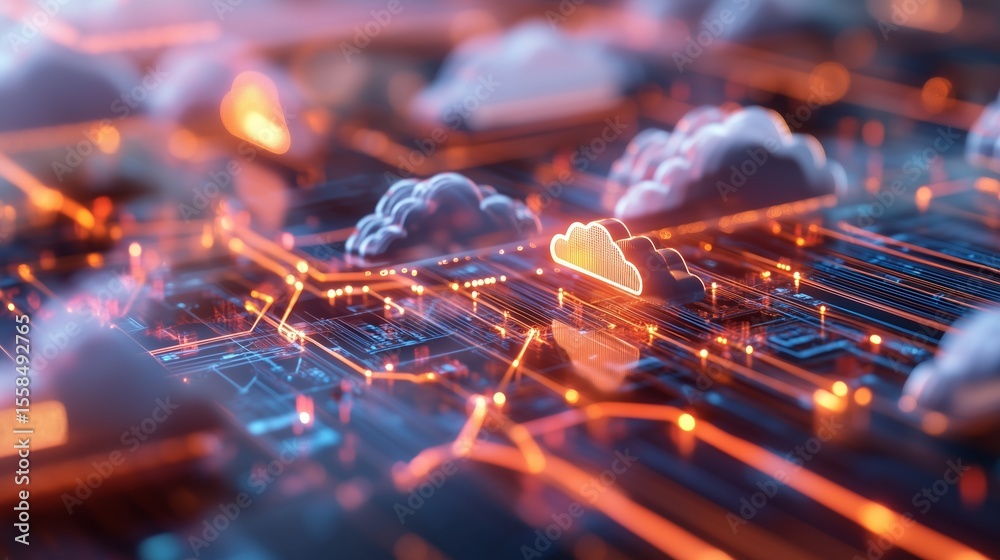 Poster advanced cloud technology with illuminated circuits showcasing futuristic data processing elements