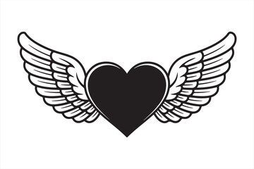 Heart With Wings: A graphic illustration featuring a black heart embellished with meticulously detailed angel wings, conveying themes of love, freedom, and the pursuit of elevated aspirations.