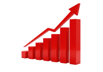 Red graph with upward arrow showing business growth isolated on transparent background