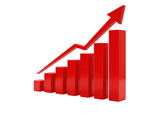 Red graph with upward arrow showing business growth isolated on transparent background - Powered by Adobe