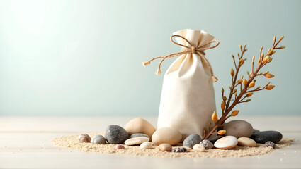 A simple canvas bag with sea rocks, sand, and branches with yellow leaves