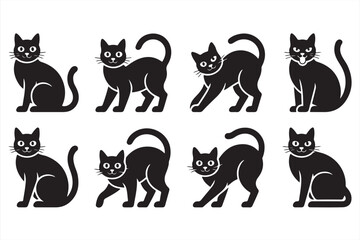 Black Cat Poses: A collection of eight sleek black cat silhouettes in various poses, perfect for design projects needing a touch of feline elegance. 