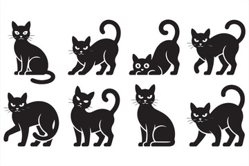 Black Cat Collection: A minimalist illustration showcases a collection of sleek black cats in various poses, capturing the enigmatic charm and allure of feline companions.