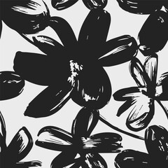 Flowers seamless pattern with floral black ink leaves on a white background. Hand drawn brush painting plant illustration. Nature botanical endless background.