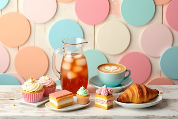 A festive treat: a jug of lemonade, cakes, a cake, a croissant, and coffee, all set against a colorful wall of circles